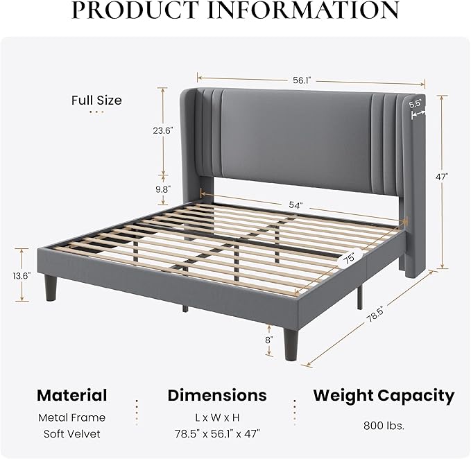 SHA CERLIN Full Size Velvet Upholstered Platform Bed Frame - Image 2