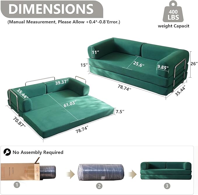 79'' Convertible Sleeper Sofa Bed, 3-in-1 Foldable Floor Couch - Image 3