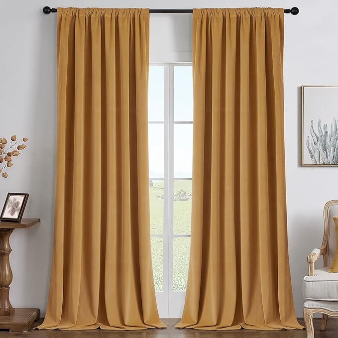 Joydeco Mustard Yellow 100% Blackout Curtains 90 Inch 2 Panels, Luxury Thermal by JOYDECO