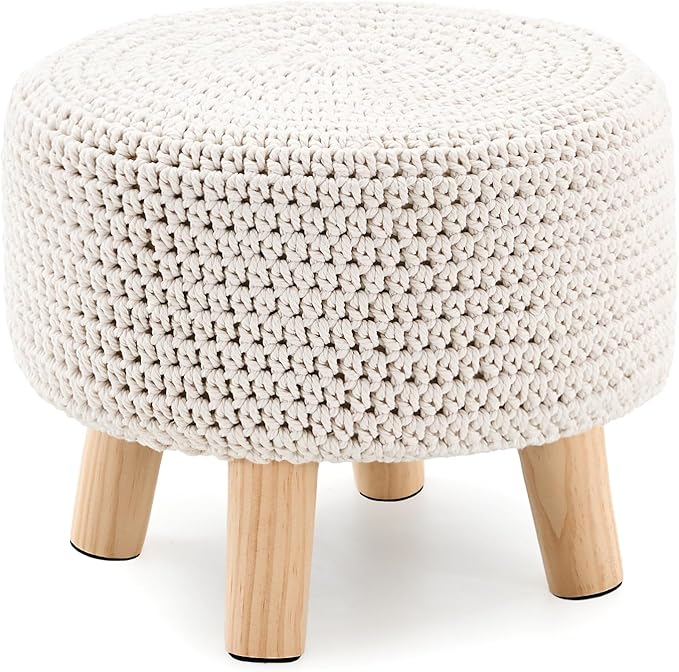 LGENHOOM Boho Ottoman Foot Stool Cotton Knitted Round Pouf Ottoman Foot Rest by LGENHOOMHandwovenNaturalWaterHyacinthBasket