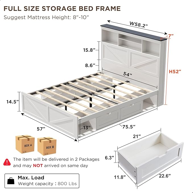 ACCOHOHO Full Bed Frame with 52" Tall Headboard and 4 Drawers, LED Light - Image 2