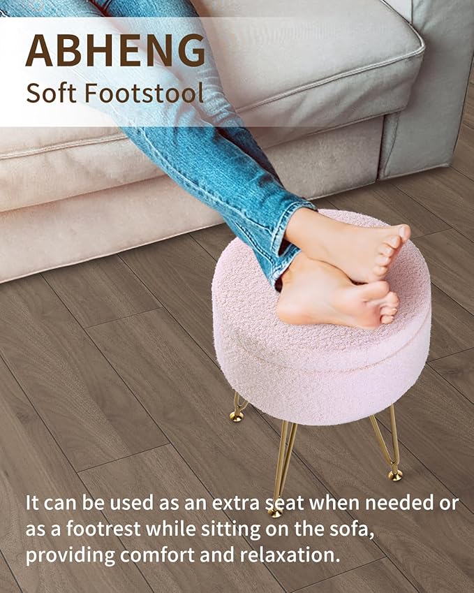 ABHENG Storage Ottoman Round Footrest Stool, Vanity Stool Chair Faux Teddy Fur - Image 4