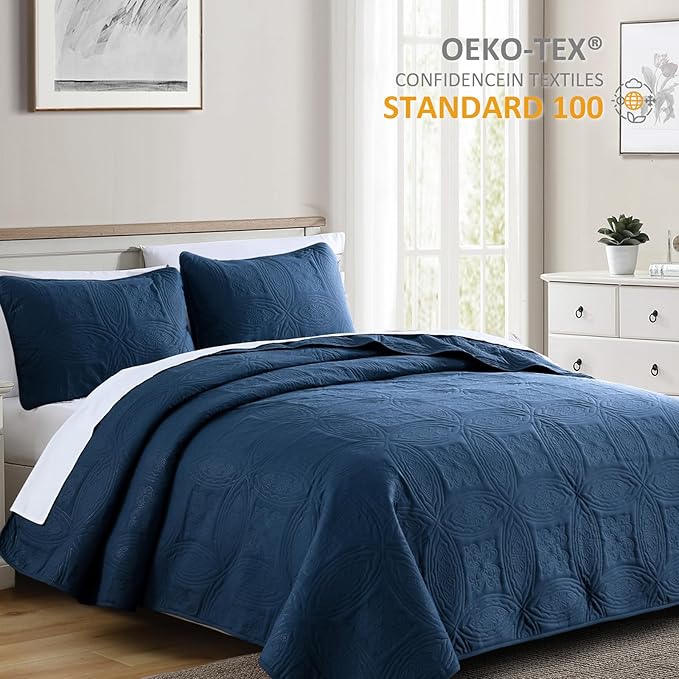 Yiran Navy Blue Quilt Set King Size Lightweight Bedspread Embossed Pattern Soft - Image 3