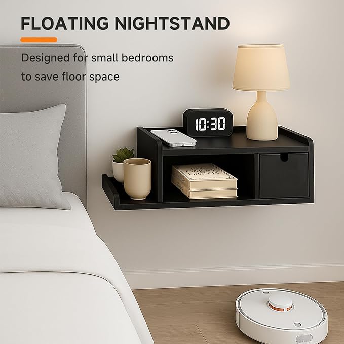 Floating Nightstand with Drawer & Shelf, Wall Mounted Bedside Table - Image 5
