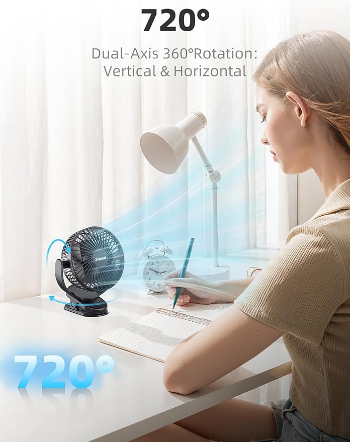 Svinkal USB Portable Clip on Fan, 2400mAh Battery Type-C 6in, 3 Speed 720° - Image 6