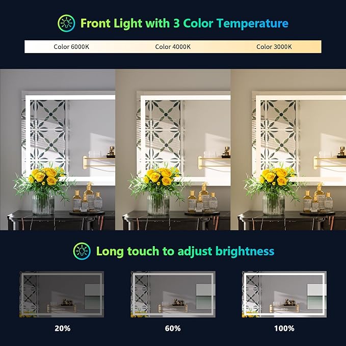 YEELAIT 55x30 Inch RGB LED Bathroom Mirror Front Light and RGB Backlit Lighted - Image 4