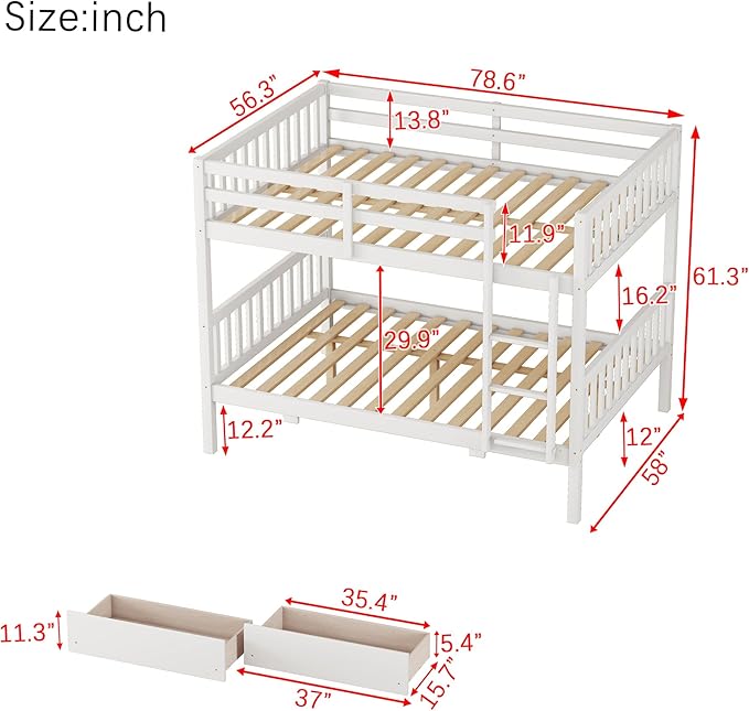 Full Over Full Bunk Bed with Storage Drawers, Convertible Bunk Beds with Ladder - Image 2