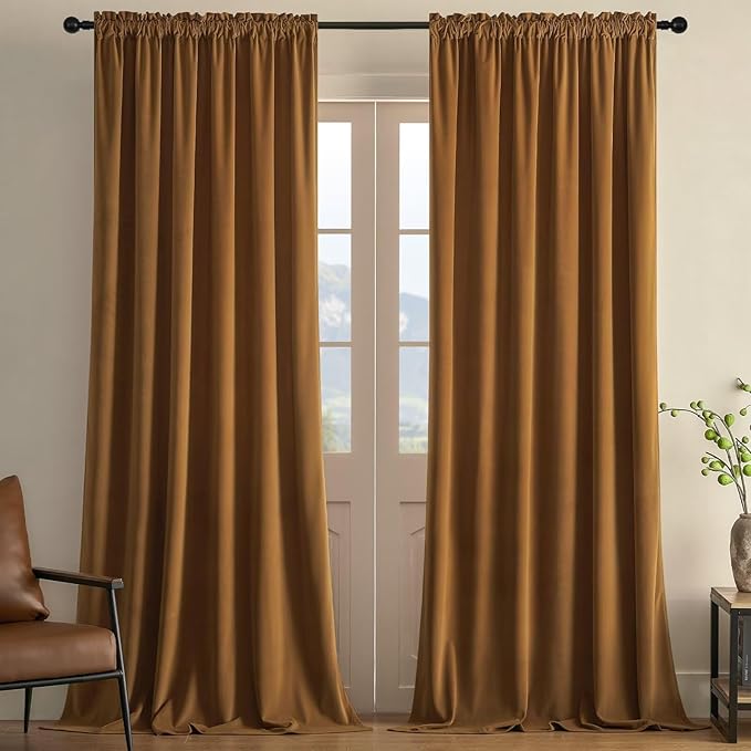 Joydeco Camel Brown Velvet Curtains 120 inch Length 2 Panels, Luxury Blackout by JOYDECO