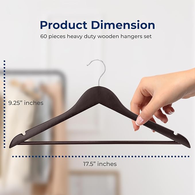SereneLife 60 Pack Wooden Coat Hangers – Durable Suit Hangers - Image 2