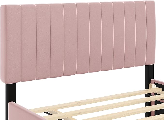 Full Bed Frame with Trundle Bed, Velvet Upholstered Platform Bed Frame - Image 6