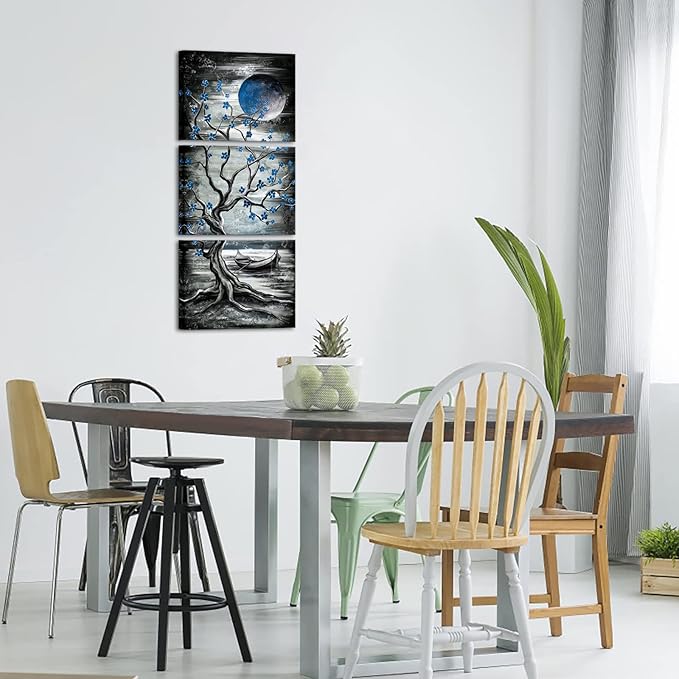 KREATIVE ARTS 3 Piece Full Moon Tree Canvas Wall Art Modern Abstract Black and - Image 2