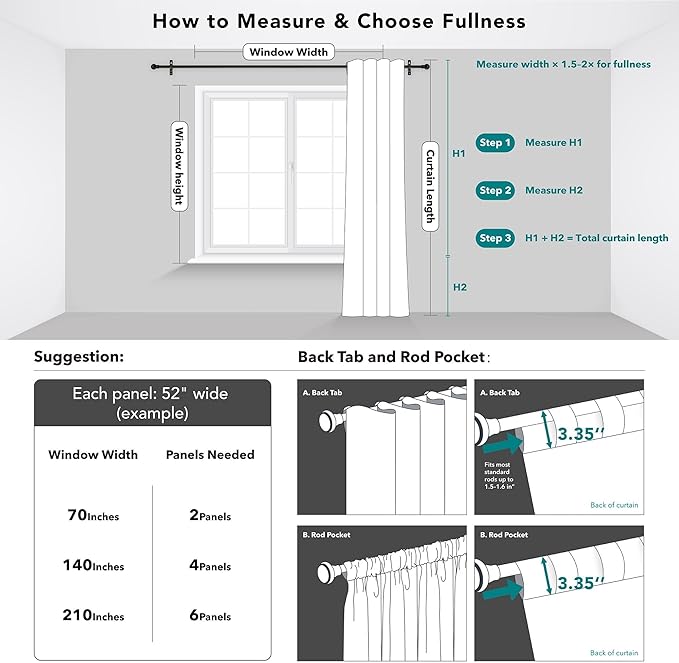 Deconovo Solid Back Tab and Rod Pocket Curtains Thermal Insulated Blackout - Image 9