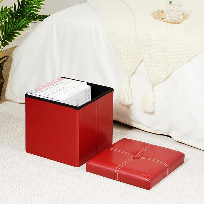 B FSOBEIIALEO Folding Storage Ottoman Cube, Faux Leather Footrest Seat Coffee - Image 2