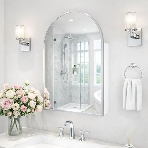 24x36 Inch Arch Bathroom Mirror Medicine, Brushed Silver Wall Mounted Bathroom by FunFurnitureFollowLife