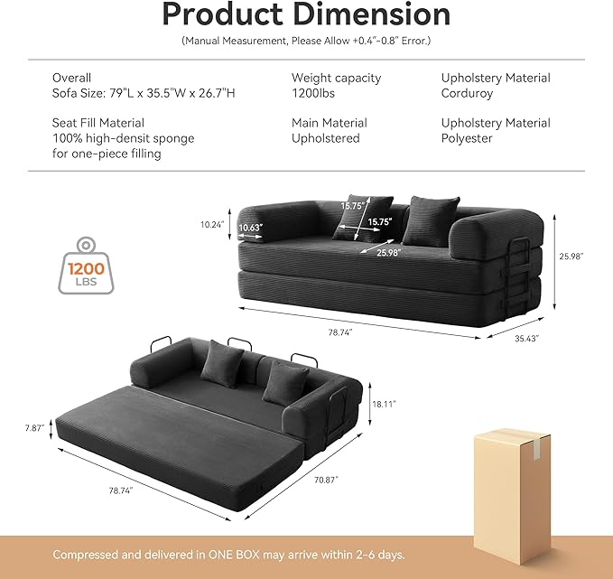 Convertible Sleeper Bed with 2 Cylindrical Pillow, Comfy Foldable Bed - Image 2