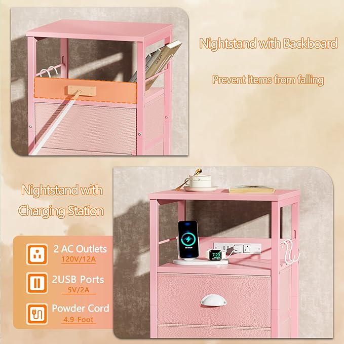 Furologee Nightstand with Charging Station, Night Stand with 2 Fabric Drawers - Image 6