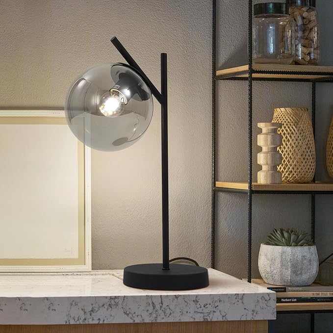 Black Table Lamp Vintage Metal Desk Lamp Modern Smoke Gray Glass Globe - Image 4
