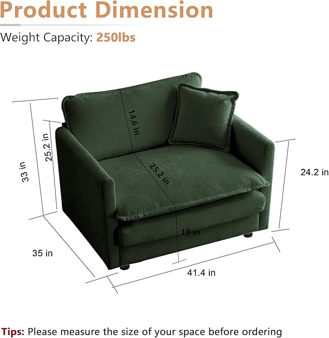 mikibama 41.4" W Single Seat Sofa, Chenille Comfy Deep Upholstered Couch - Image 2