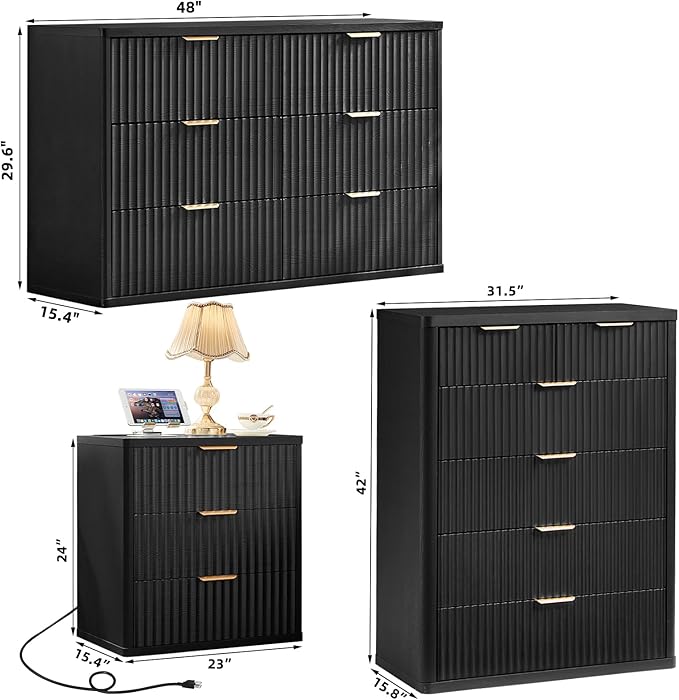 LEYAOYAO Fluted Dressers & Nightstand Set of 4, Wood 48" Wide Dresser & 42" - Image 3