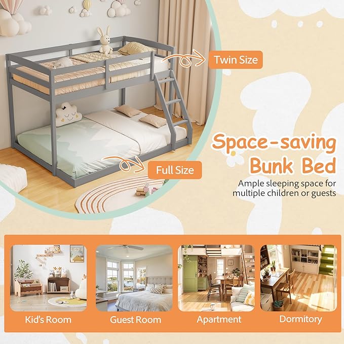 KOMFOTT Low Bunk Bed Twin Over Full, Solid Wood Twin Bed Frame - Image 8