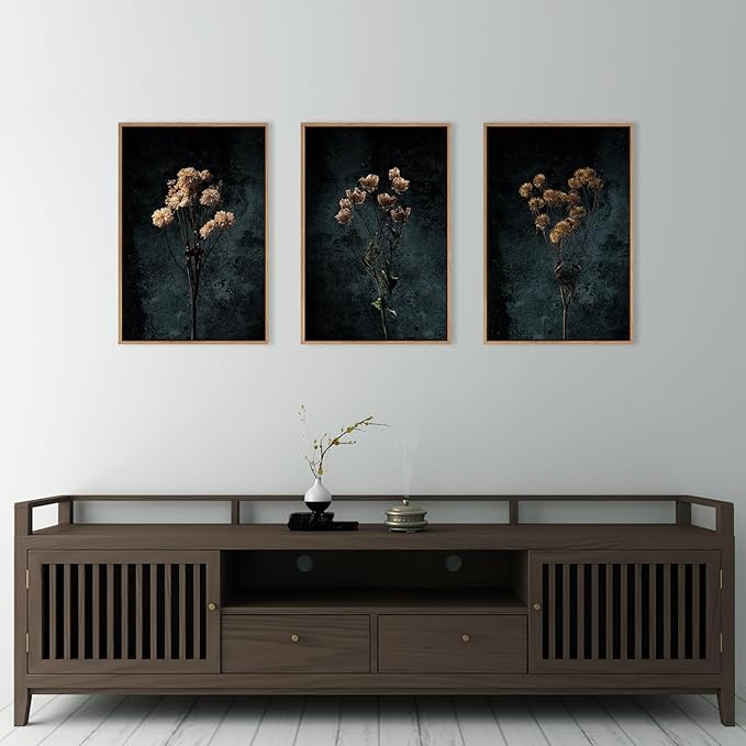 LHIUEM Dark Moody Wildflowers Framed Canvas Wall Art Set, Minimalist Wildflower - Image 4
