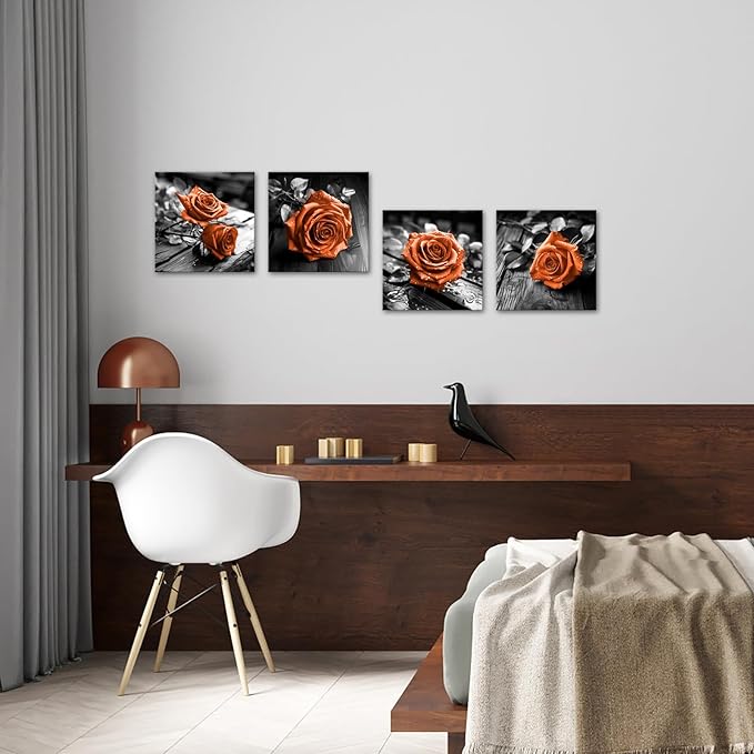 VANSEEING 4 Pieces Orange and Black Rose Flower Canvas Wall Art Floral Pictures - Image 5