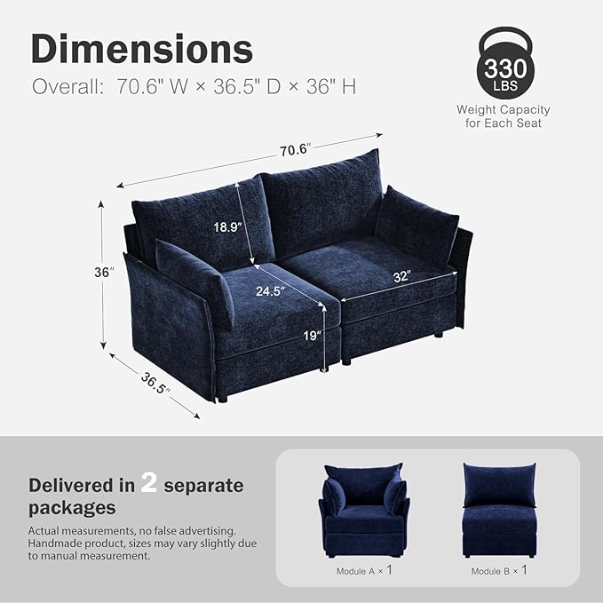 ABCASA Oversized Loveseat Sofa, Modern Modular Sectional Couch Blue Fluffy - Image 2