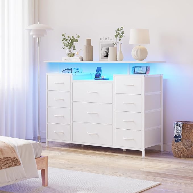 LUMTOK 11 Drawers Dresser with Fabric Drawers, Charging Station, LED Lights and - Image 2