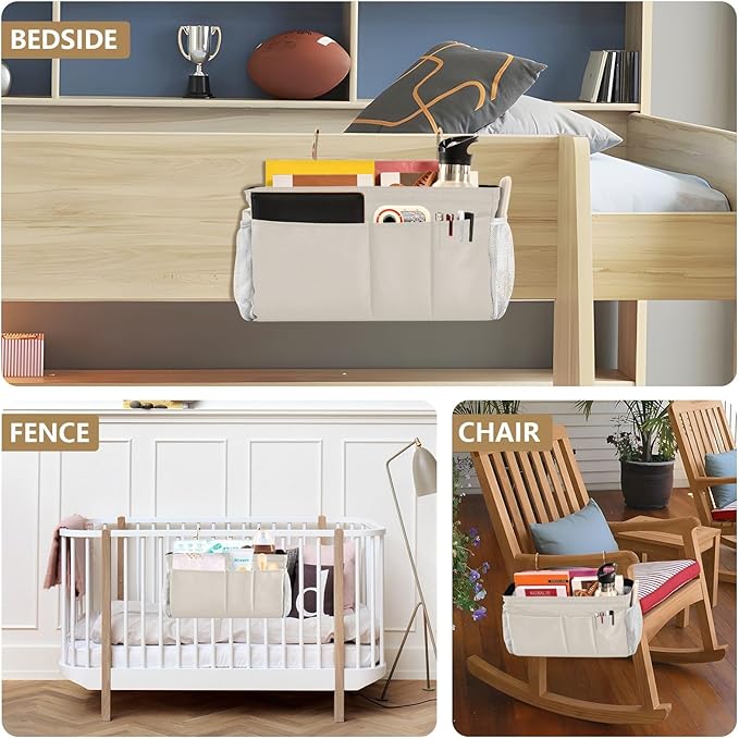 KOPIRIT Beige Bedside Caddy Storage Bag Bedside Organizer - Image 8