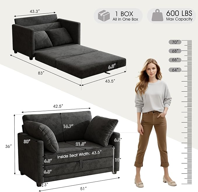 51" Loveseat Sleeper Sofa Bed, Chenille Convertible Floor Sofa Bed - Image 2
