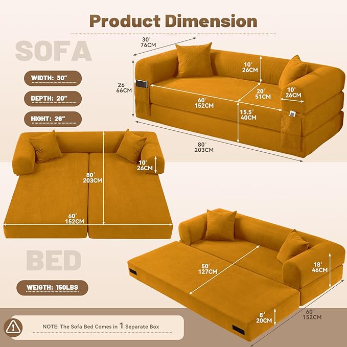 80" Convertible Sofa Bed, Corduroy Folding Sleeper Sofa Bed Queen - Image 3