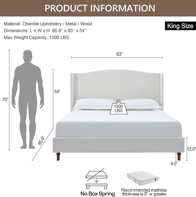 King Size Bed Frame with 54" Extra Tall Headboard - Image 2
