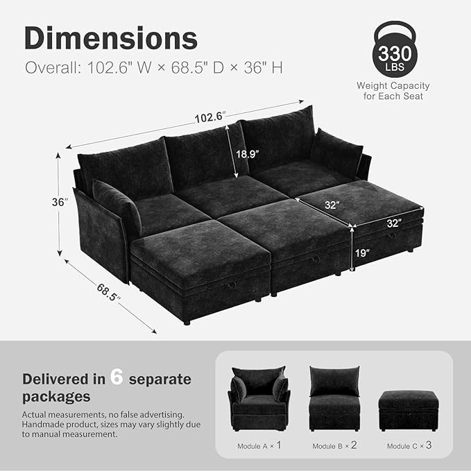 ABCASA 102.6" Luxury Modular Sleeper Sofa Bed 6 Seat Reversible Sectional Couch - Image 2