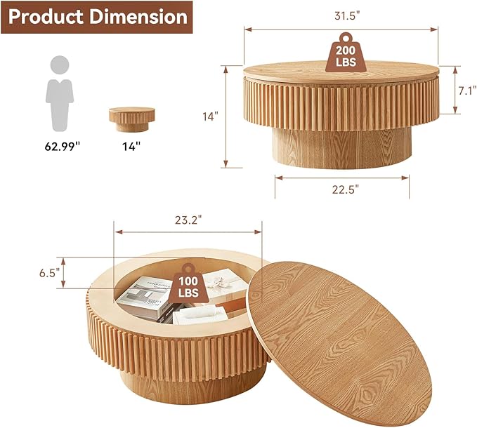 LKTART Round Coffee Table for Living Room, Accent Fluted Drum Coffee Table - Image 3