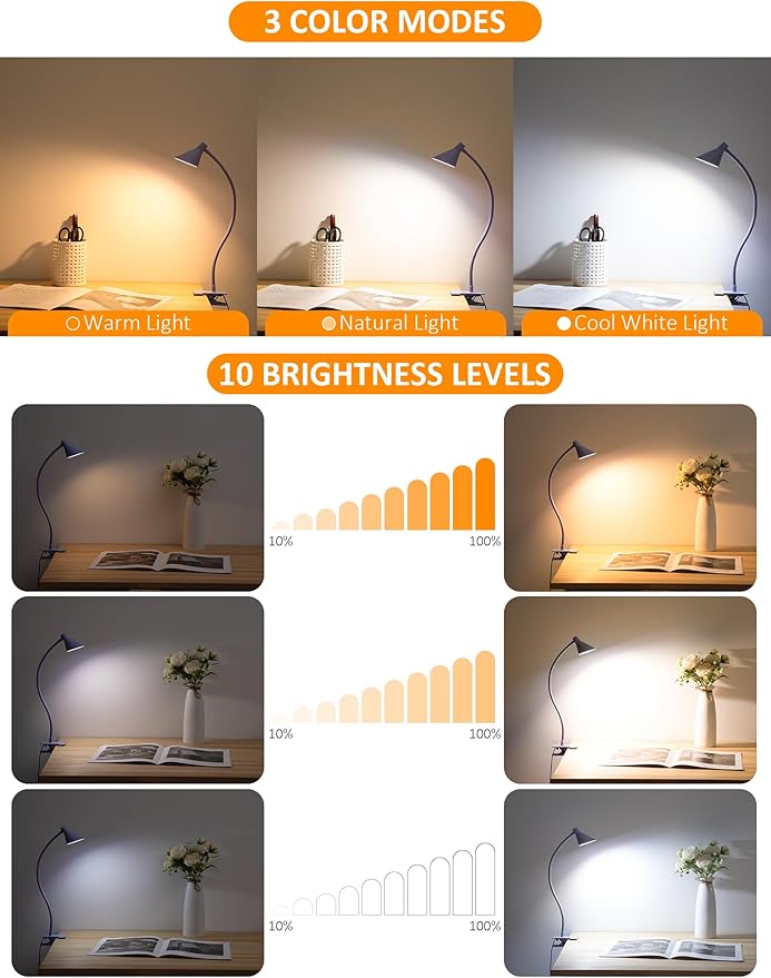 Desk Lamp Clip on Lamp for Bed Headboard LED Reading Light for Bed, 3 Colors 10 - Image 2