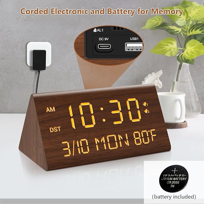 Kogonee Wooden Digital Alarm Clock, 0-100% Dimmer, 2 Alarm Settings, - Image 2