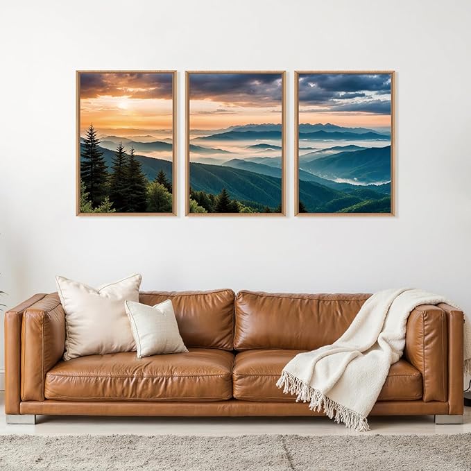 LHIUEM Large Nature Mountain Sunrise Framed Canvas Wall Art, Modern Misty Tree - Image 2