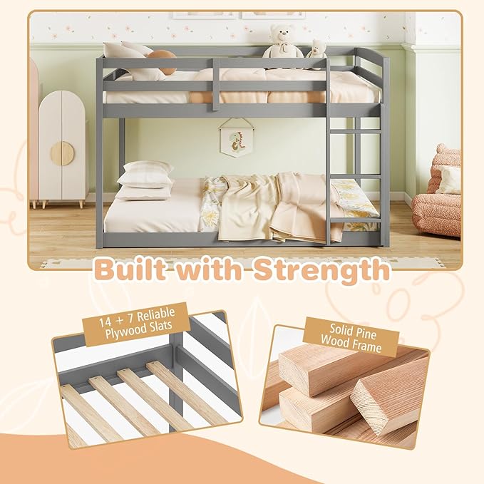 KOMFOTT Low Bunk Bed Full Over Full, Solid Wood Full Bed Frame - Image 5