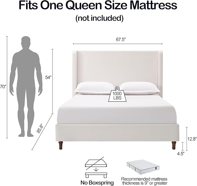 Upholstered Bed Frame with 54'' Nail Head Decorative Wing Back, Hand Buttoned - Image 2