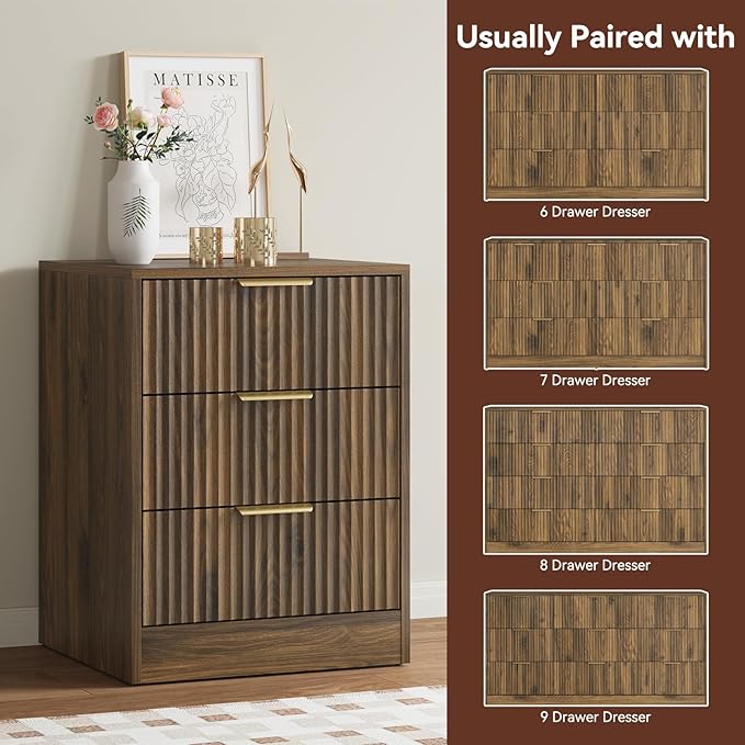 Walnut Dresser & 3 Drawer Nightstand Set 3-Piece, 63” Long 9 Drawer Dresser and - Image 7