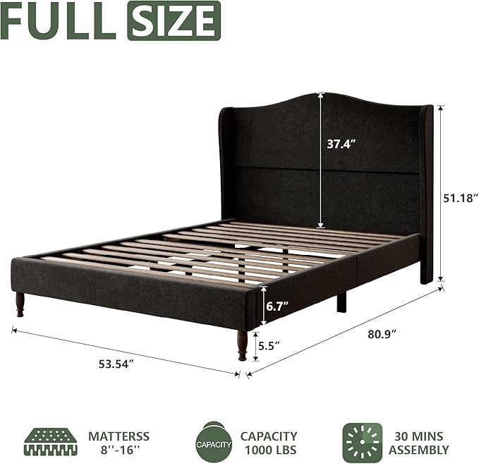 Full Size Upholstered Platform Bed Frame, Vintage Solid Wood Legs, No Box - Image 2
