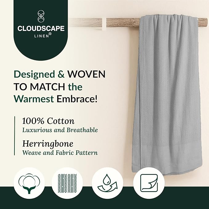 Cloud Scape Linen 100% Cotton Throw Blanket 50x70 Charcoal Grey, Luxury - Image 2
