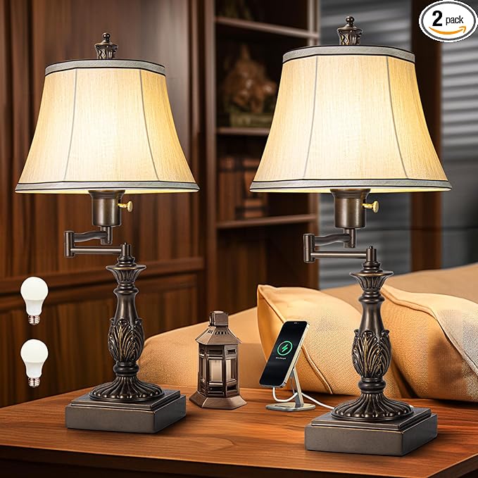 Scenekoy 23.5" High Rustic Traditional 350° Adjustable Swing Arm Table Lamp Set by SCENEKOY
