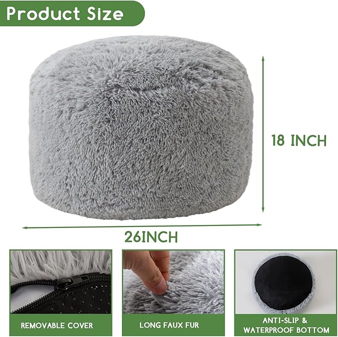 HIGOGOGO Round Stuffed Pouf Ottoman, Long Faux Fur Poufs - Image 2