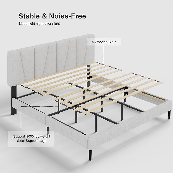 King Size Bed Frame with Fabric Upholstered Headboard, Platform Bed with Wooden - Image 4