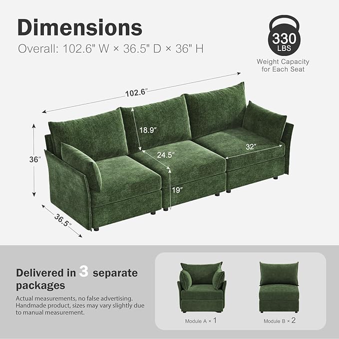 ABCASA 102.6" Modular Sectional Sofa, Oversized 3-Seater Green Couch - Image 2