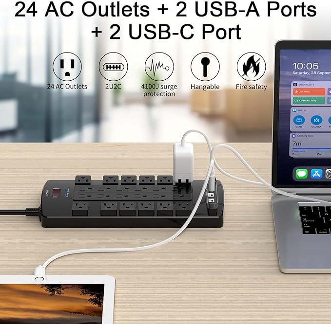 QINLIANF Surge Protector Power Strip - 10Ft Flat Plug Heavy Duty Extension Cord - Image 2