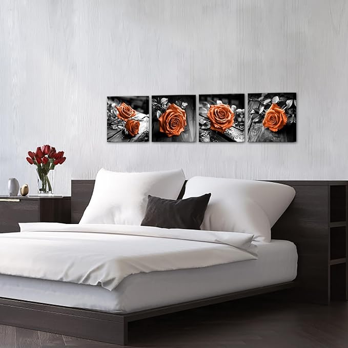 VANSEEING 4 Pieces Orange and Black Rose Flower Canvas Wall Art Floral Pictures - Image 4