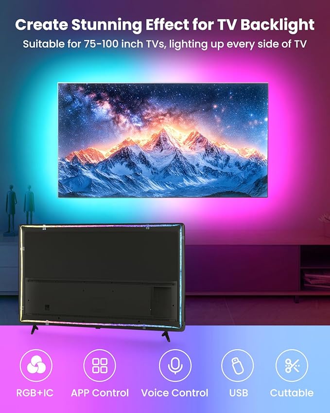 16.4ft RGB+IC LED Lights for 50-75 Inch TV, Backlight Strip Behind TV - Image 2