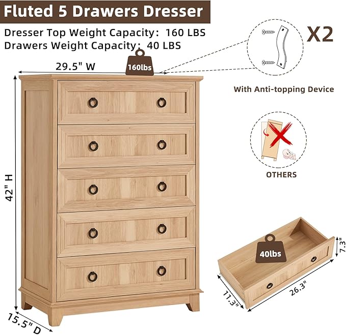 Farmhouse 5 Drawer Dresser for Bedroom Set of 2, Rustic Wood Dresser - Image 2